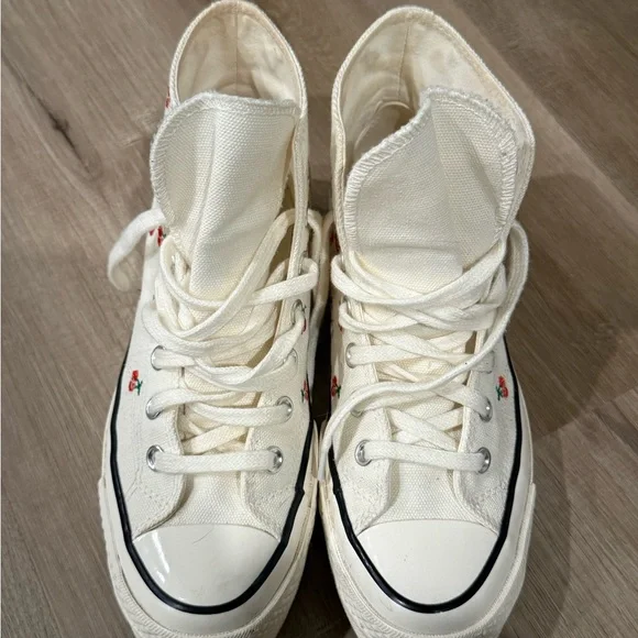 Converse Cream High Top Sneakers with Red Cherry Embroidery - Picture 6 of 9